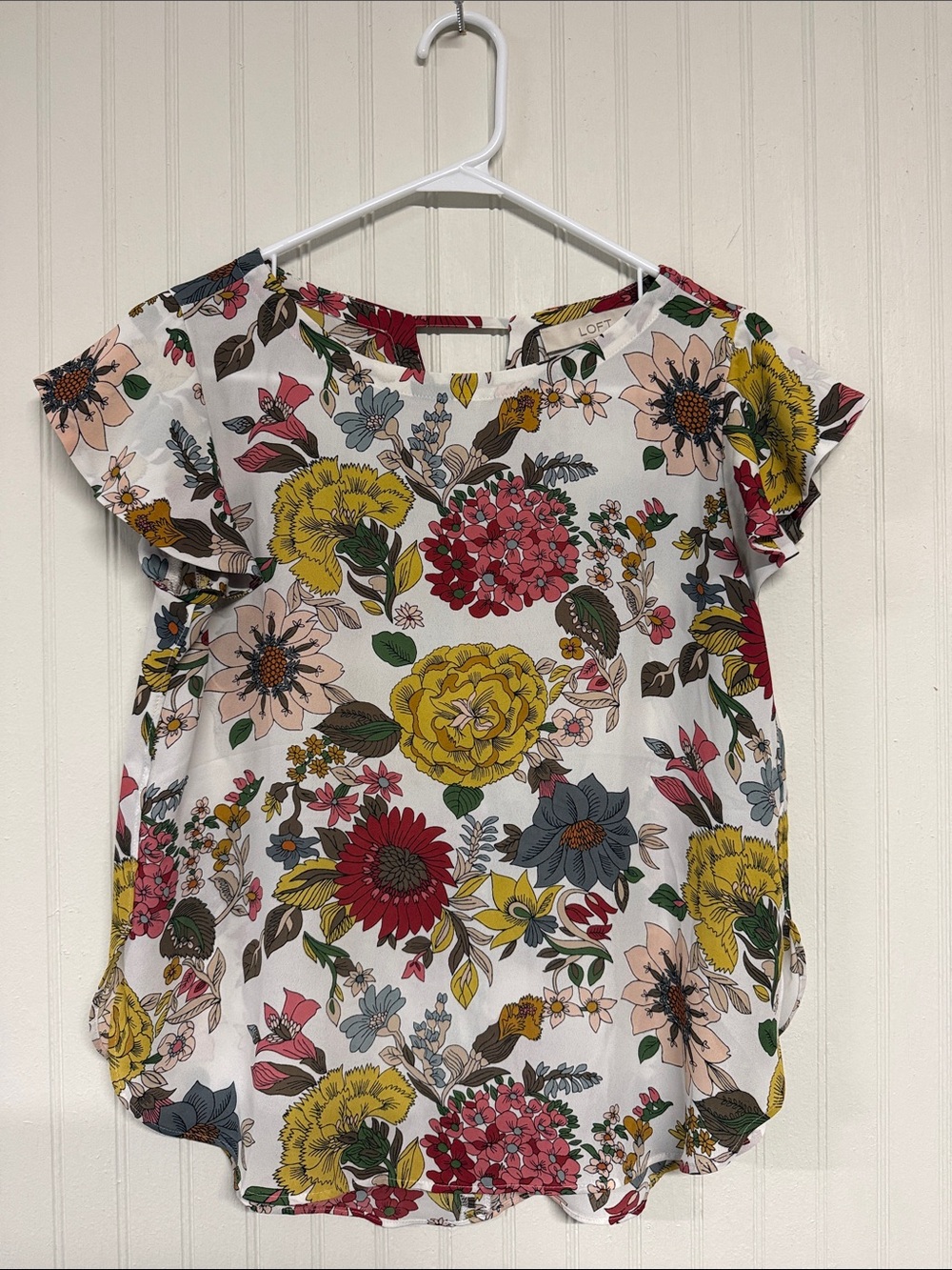 LOFT XSP White/Yellow Floral Ruffle Sleeve Blouse